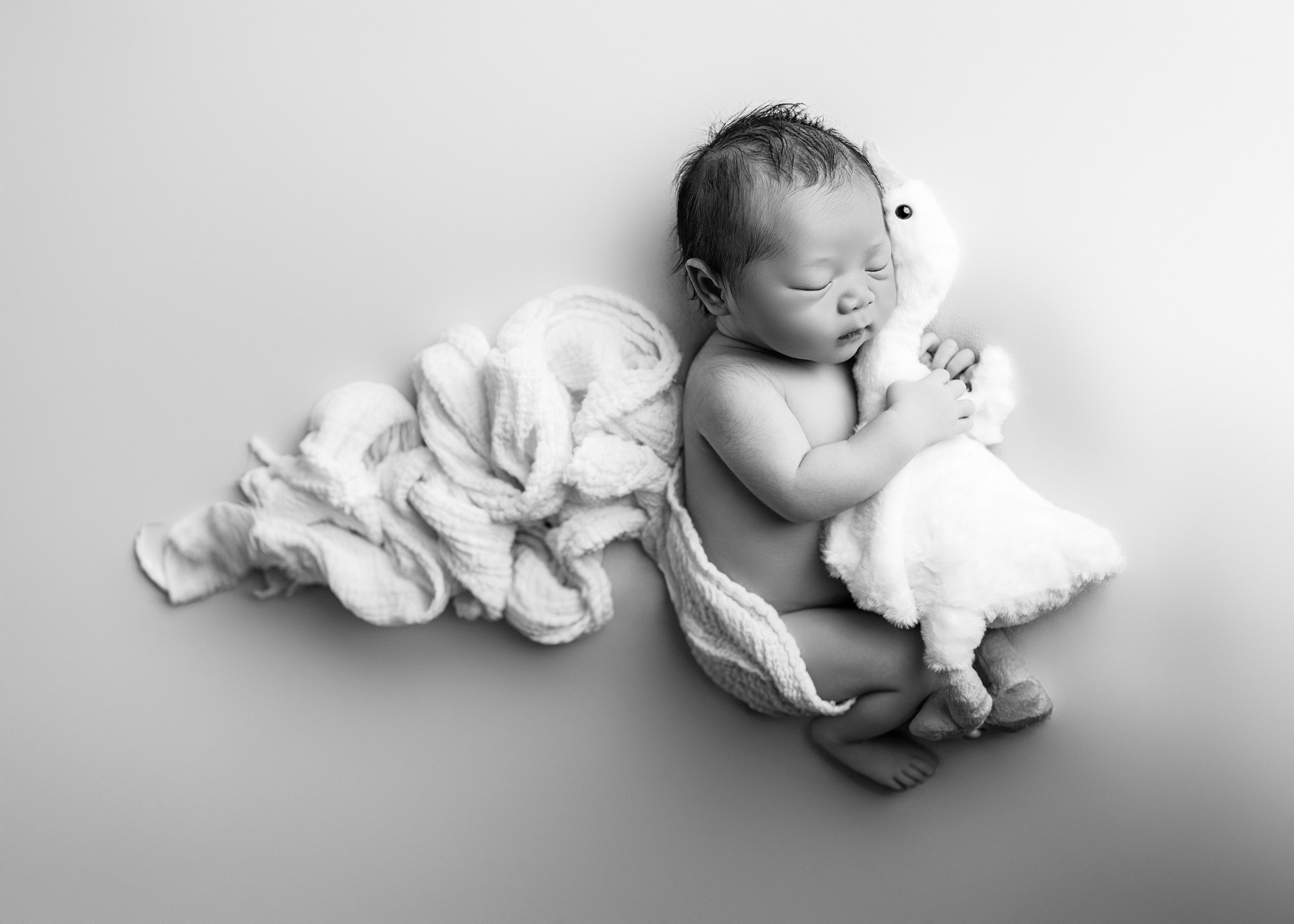 B&W photp of baby boy hugging a stuffed goose
